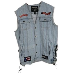 Vintage Diamond Plate Denim Biker Vest Men's Size 2X Eagle Patches USA Flag XXL